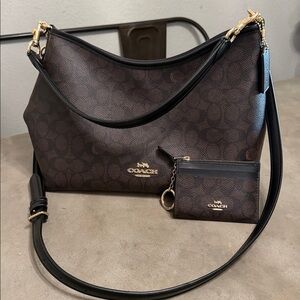 Coach canvas Brown Shoulder Bag and zip key case both used